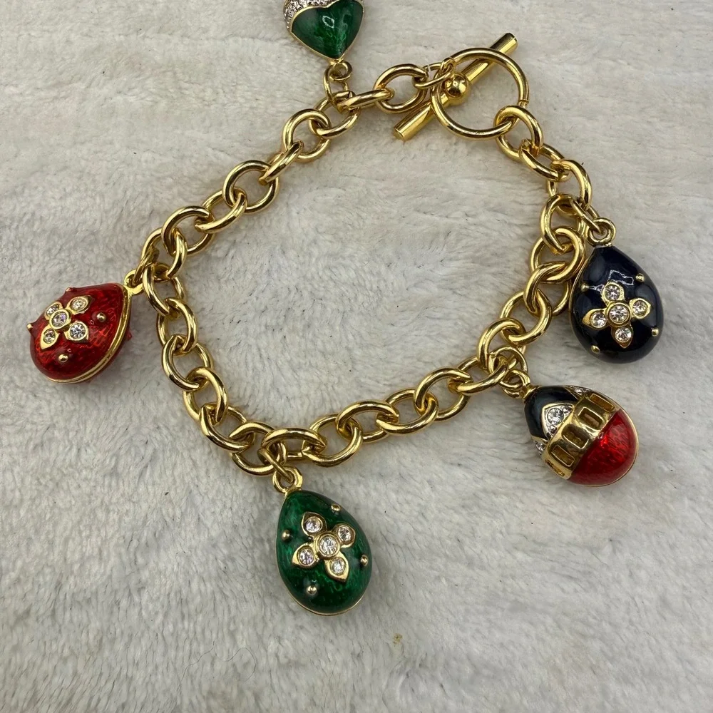 Vintage Egg Charm Bracelet Gold Tone Enamel Rhinestone Multi READ